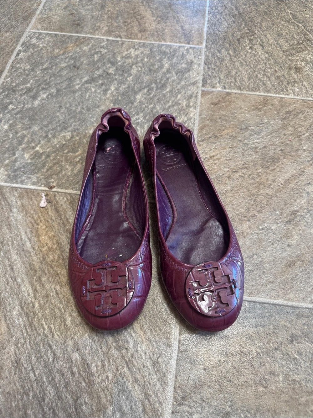 Tory Burch Plum Leather Logo Ballet Flats
